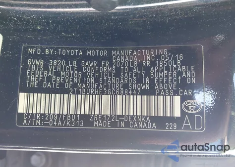 2016 Toyota Corolla Le from USA, damaged, VIN 2T1BURHE3GC688447